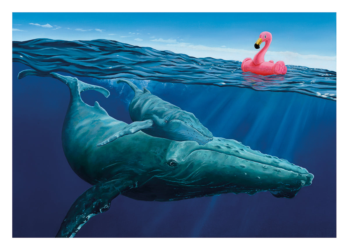 Realistic ocean oil painting of a whale and calf underwater with a pink inflatable flamingo floating above
