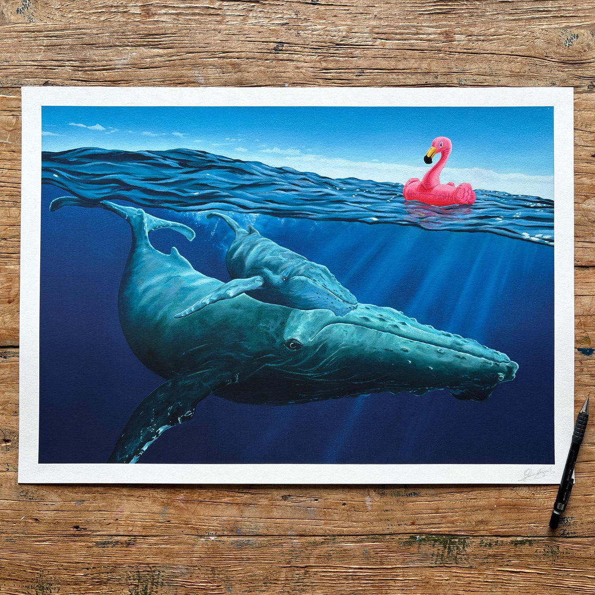 Flamingo and the Whales, 40 x 60 cm fine art print with 2 cm white border, printed on museum-quality paper