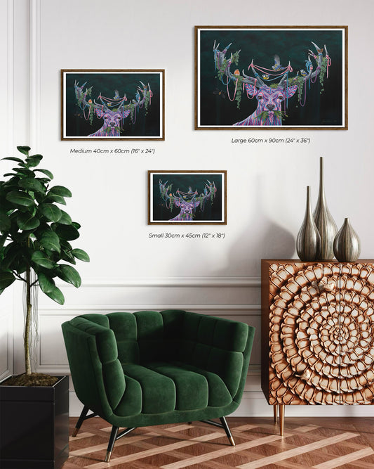 Cozy modern seating with a small wooden table and three prints of '(Un)seen Energy' by Glenn Verkerk on the wall, featuring a multicolored deer with birds and greenery in its antlers.