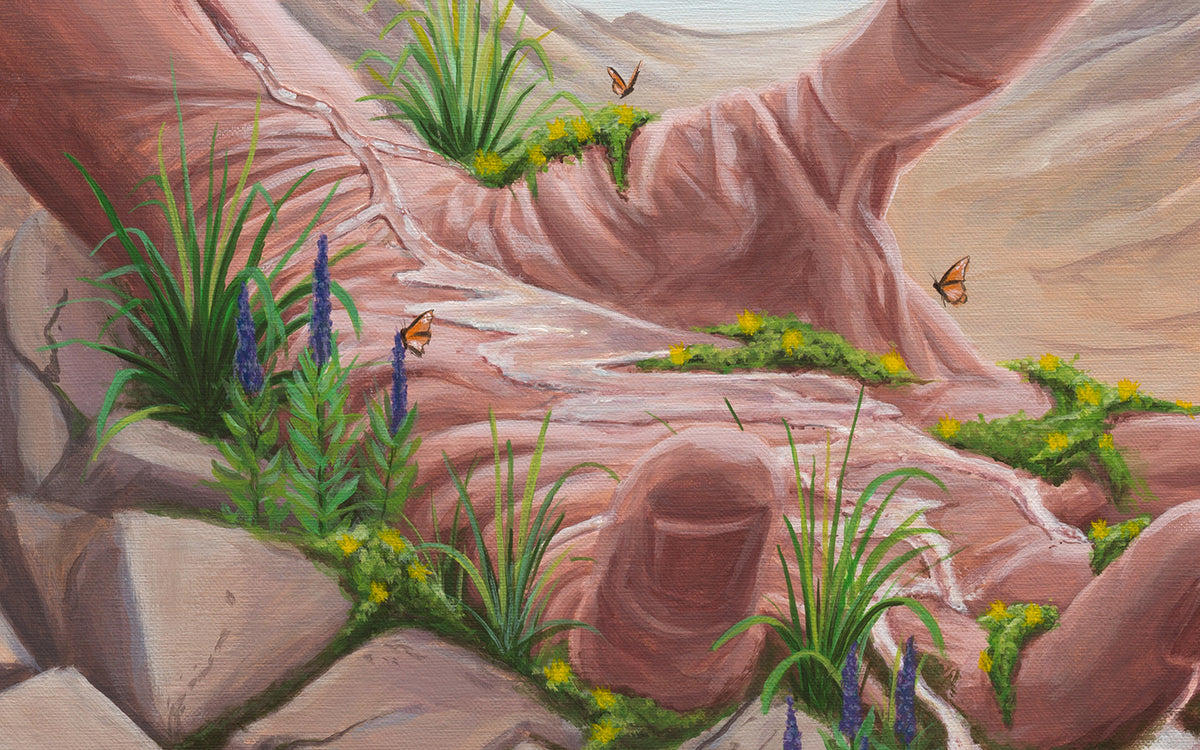 Close up of a acrylic painting on linen of an open hand in a desert with water flowing from the wrist into a lush green landscape with flowers and butterflies