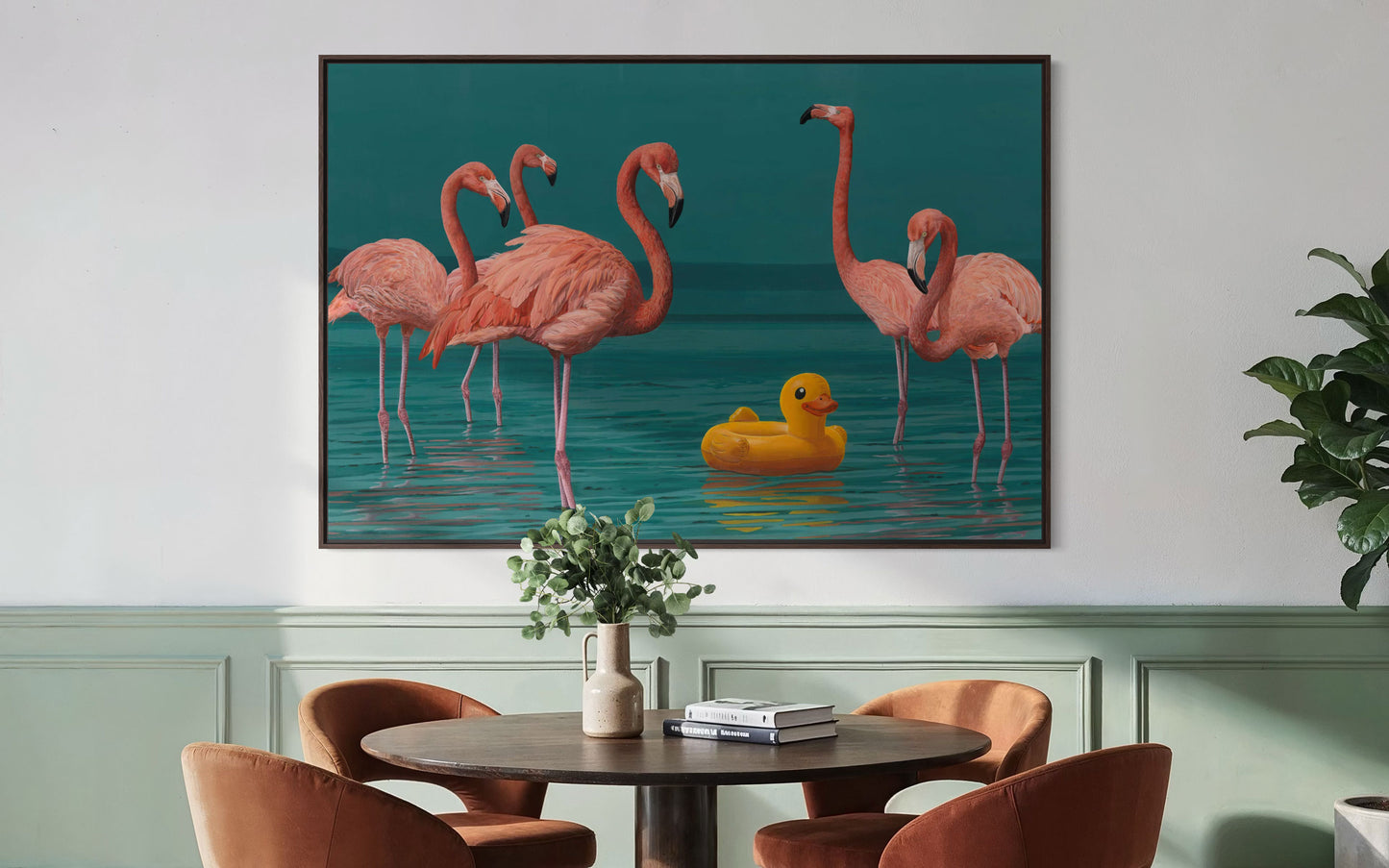 A group of American flamingos stands in a calm lagoon while an inflatable duck drifts among them. The contrast between wildlife and a man-made object creates a playful yet thought-provoking scene.