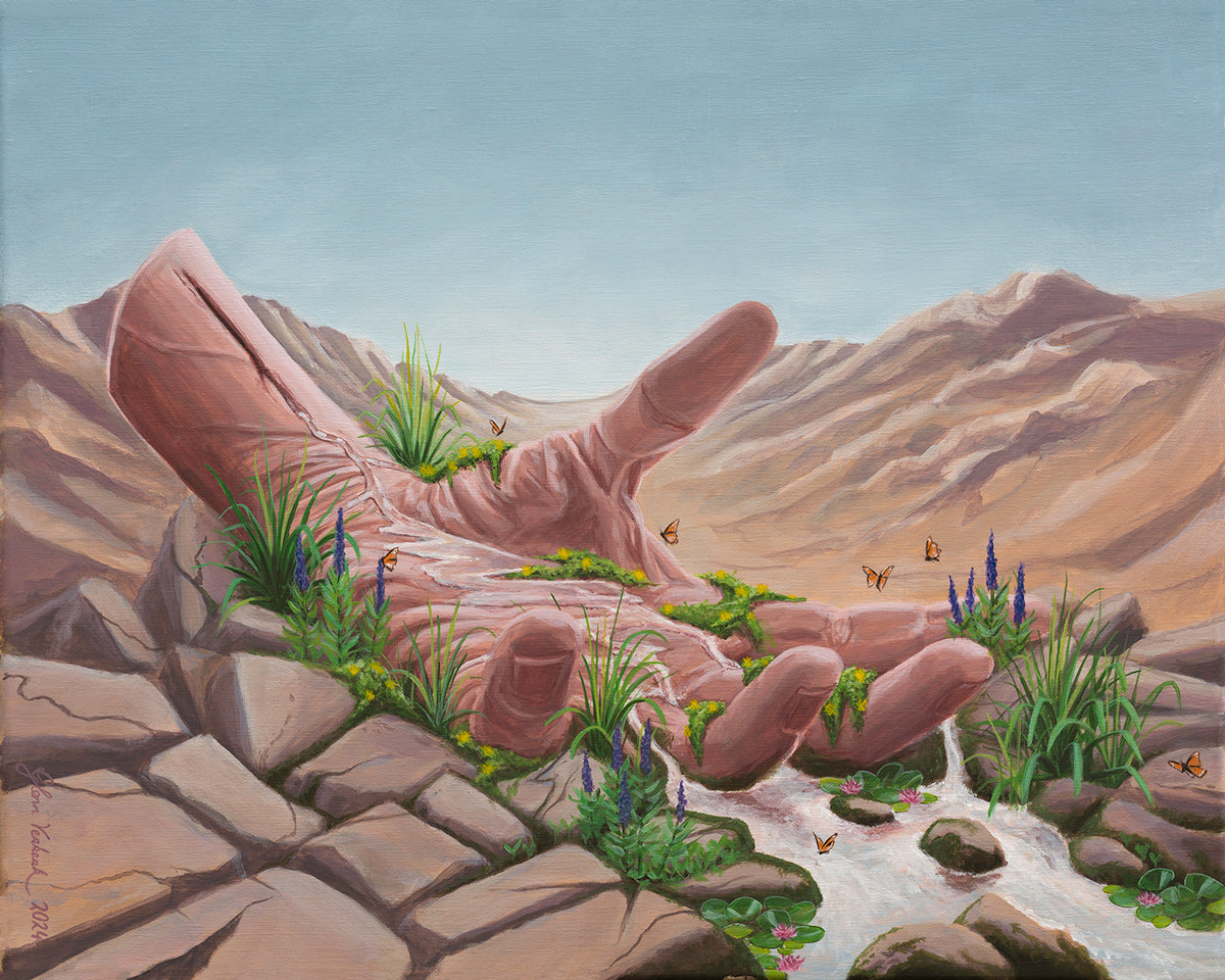 Original acrylic painting on linen of an open hand in a desert with water flowing from the wrist into a lush green landscape with flowers and butterflies