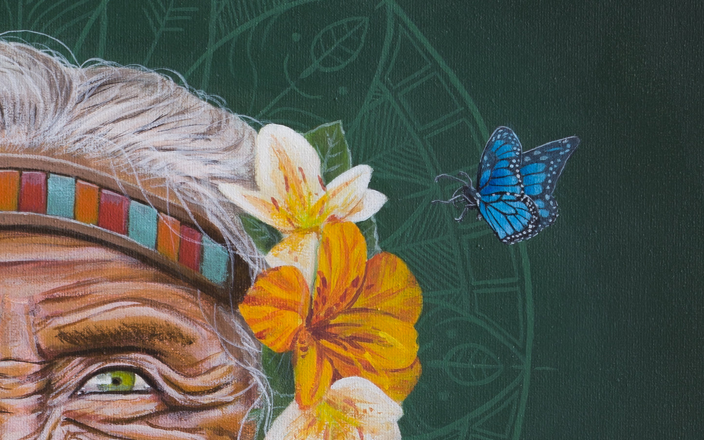 Close-up of the original canvas titled 'Pachamama' by Glenn Verkerk. The detailed view features a mandala, the face of Mother Earth, and a blue morpho butterfly from the Amazon.