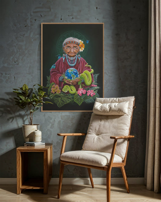 Country-style tranquil decor featuring a chair and a table against a nature-colored wall. The scene includes the original canvas titled 'Pachamama' by Glenn Verkerk, which depicts an imaginative version of Mother Earth holding planet Earth. The artwork, inspired by Inca tribe traditions and symbolism, is surrounded by a mandala, animals, and lush green elements.