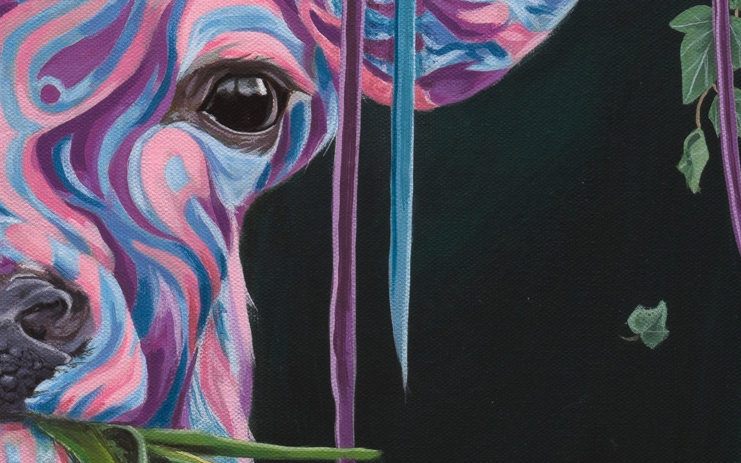 Close-up of the canvas 'The Deer' an original acrylic painting by Glenn Verkerk. The detailed view shows one side of the deer's head, focusing on its snout and large, mystic eye, with vibrant energy colors radiating from its head