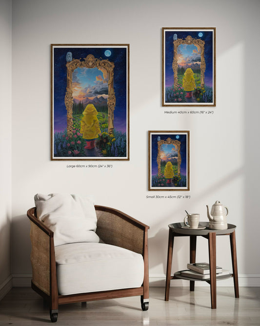 Framed prints in different sizes with the artwork titled 'The Inner Child' by Glenn Verkerk, created with acrylics on canvas. The painting features a young child in a rain jacket and red boots, watched by a snowy owl, standing in front of a wild path leading into a vast landscape with large mountains, pine forests, and a sunset. The artwork is framed in wood and displayed on a white wall with minimalistic chair and side table.