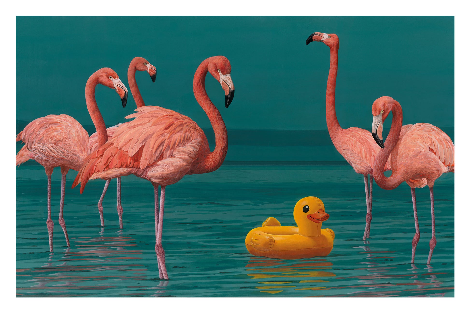 This artwork shows a group of stately American flamingos in a calm lagoon. An inflatable duck slowly crosses the scene, drifting between the birds like a possible fake - or just a plastic intruder among them.