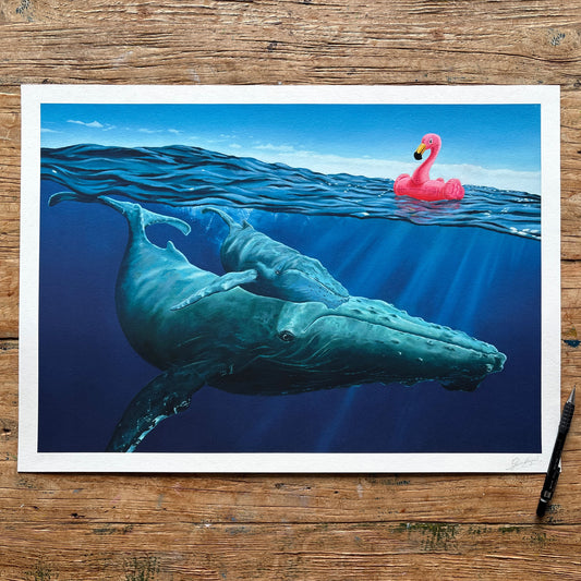 Flamingo and the Whales, 40 x 60 cm fine art print with 2 cm white border, printed on museum-quality paper