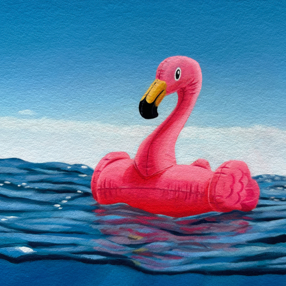 Close-up detail of the inflatable flamingo in the painting Flamingo and the Whales by Glenn Verkerk