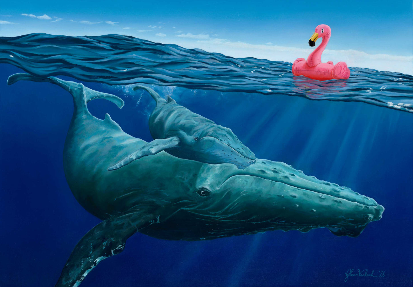 Realistic ocean oil painting of a whale and calf underwater with a pink inflatable flamingo floating above