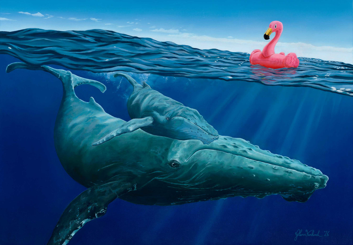 Realistic ocean oil painting of a whale and calf underwater with a pink inflatable flamingo floating above