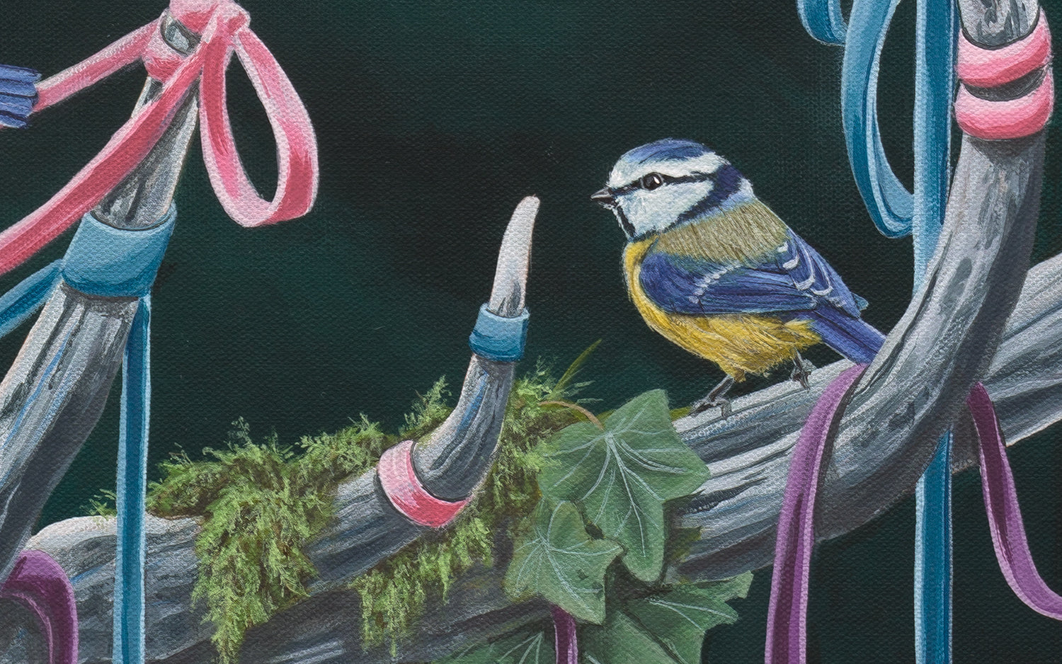 Close-up of the canvas '(Un)seen Energy' an original acrylic painting by Glenn Verkerk. The detailed view shows moss, lush greenery, and a blue tit bird sitting peacefully on a stag's antler.