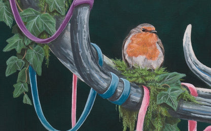 Close-up of the canvas '(Un)seen Energy,' an original acrylic painting by Glenn Verkerk. The detailed view shows moss, lush greenery, and a robin bird sitting peacefully on a stag's antler.