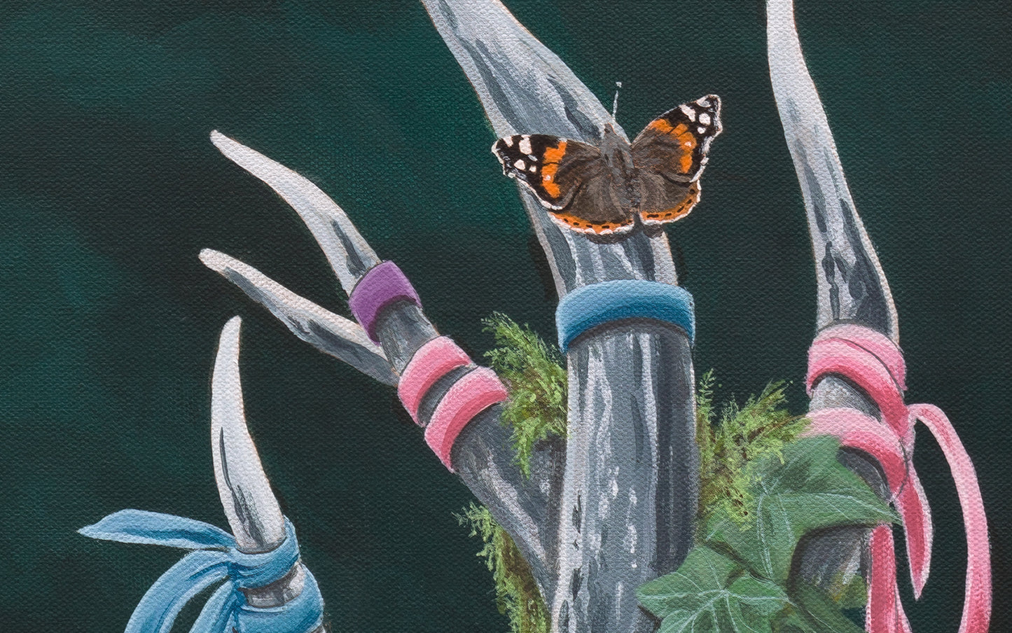 Close-up of the canvas '(Un)seen Energy,' an original acrylic painting by Glenn Verkerk. The detailed view shows moss, lush greenery, and an Atalanta butterfly resting peacefully on a stag's antler.