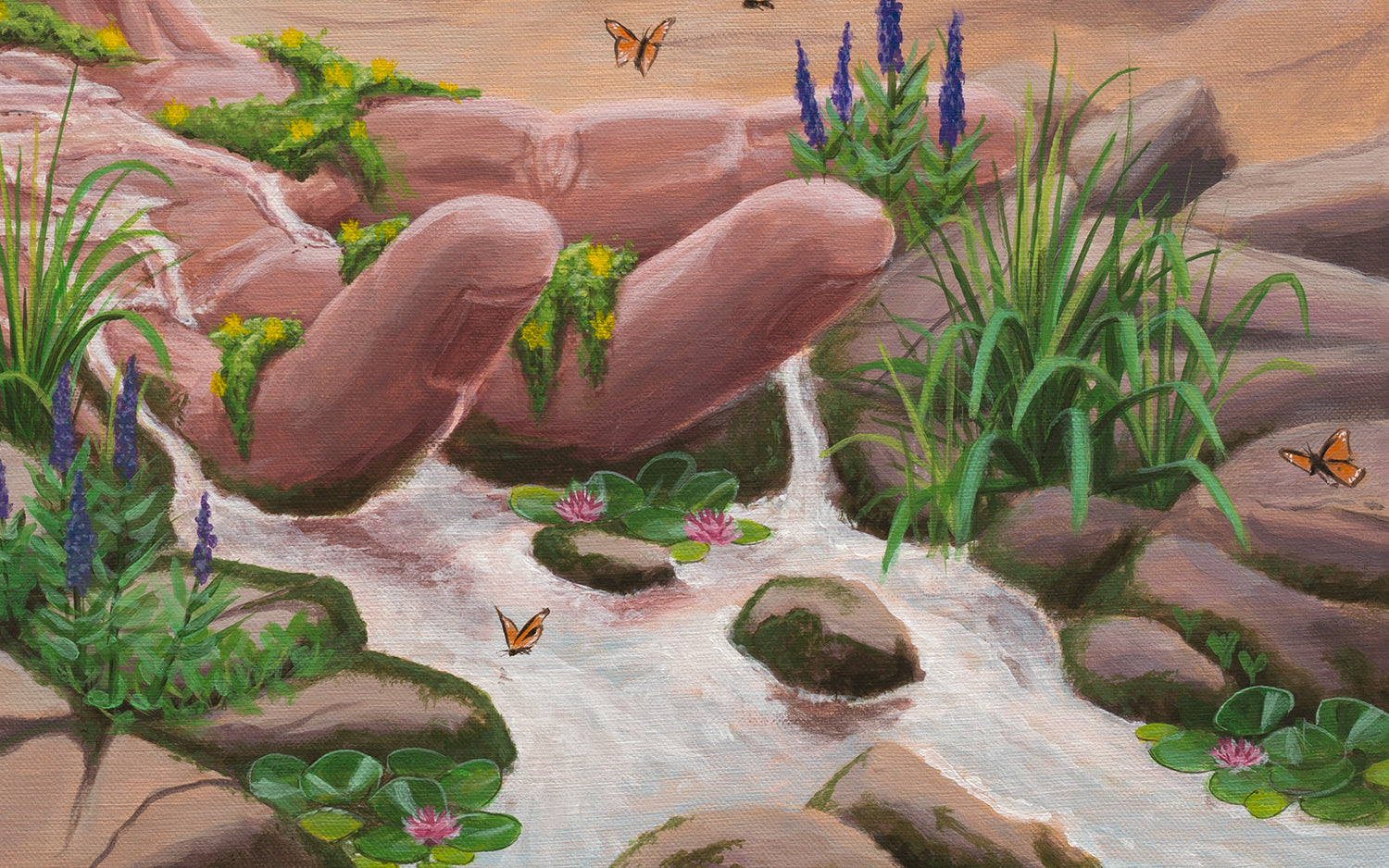 Close-up of the original artwork titled 'Calm Surrender' by Glenn Verkerk, created with acrylics on linen canvas. The detailed view shows the stream of water transforming into a babbling brook, with green vegetation flourishing around the stones. This results in vibrant life, fresh plants, flowers, and even lotuses.