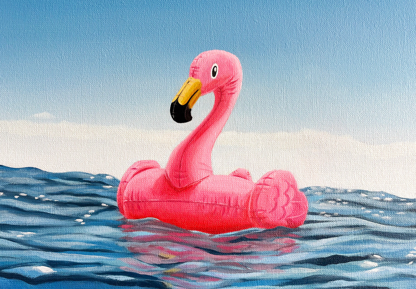 Close-up of an ocean oil painting of a whale and calf underwater with a pink inflatable flamingo drifting above