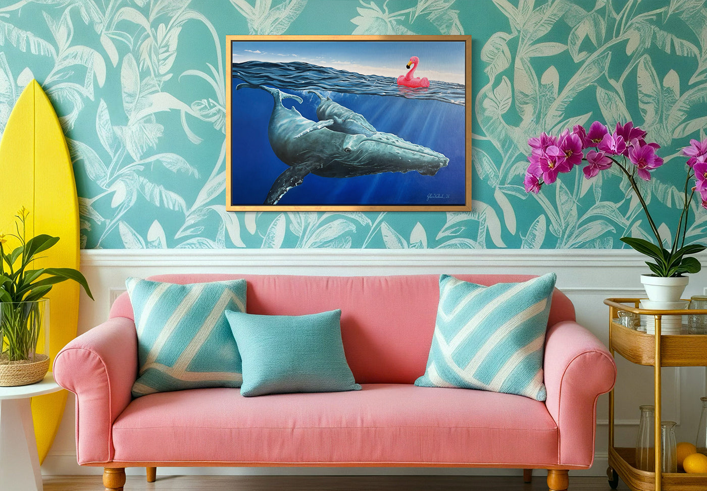 Ocean oil painting of a whale and calf underwater with a pink inflatable flamingo drifting above in a Beach like living room