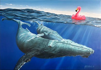 Realistic ocean oil painting of a whale and calf underwater with a pink inflatable flamingo floating above