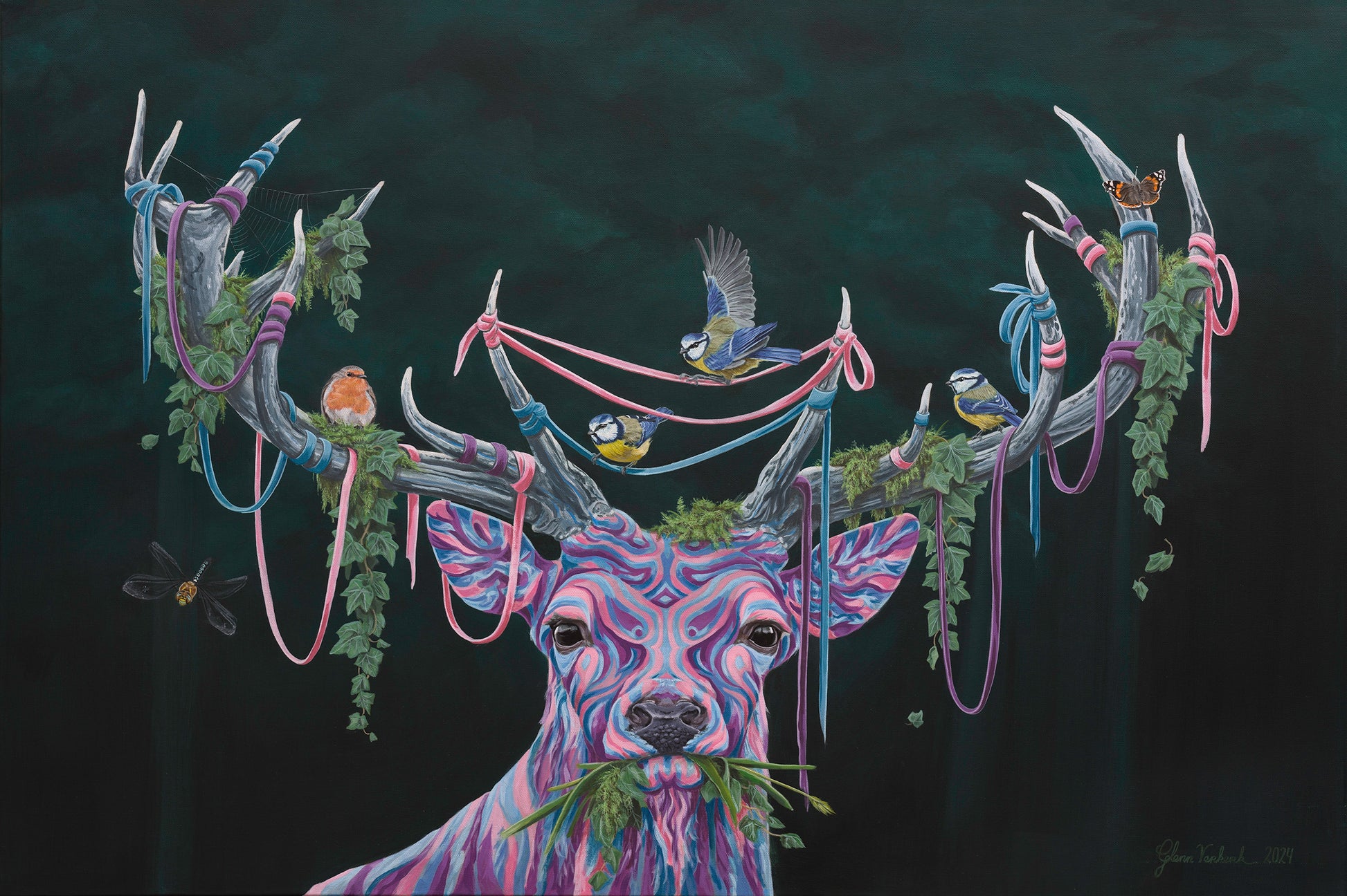 Painting '(Un)seen Energy' by Glenn Verkerk with acrylic paint, depicting a multicolored deer with birds and greenery in its antlers.