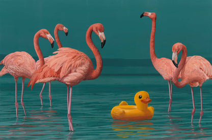 A group of American flamingos stands in a calm lagoon while an inflatable duck drifts among them. The contrast between wildlife and a man-made object creates a playful yet thought-provoking scene.