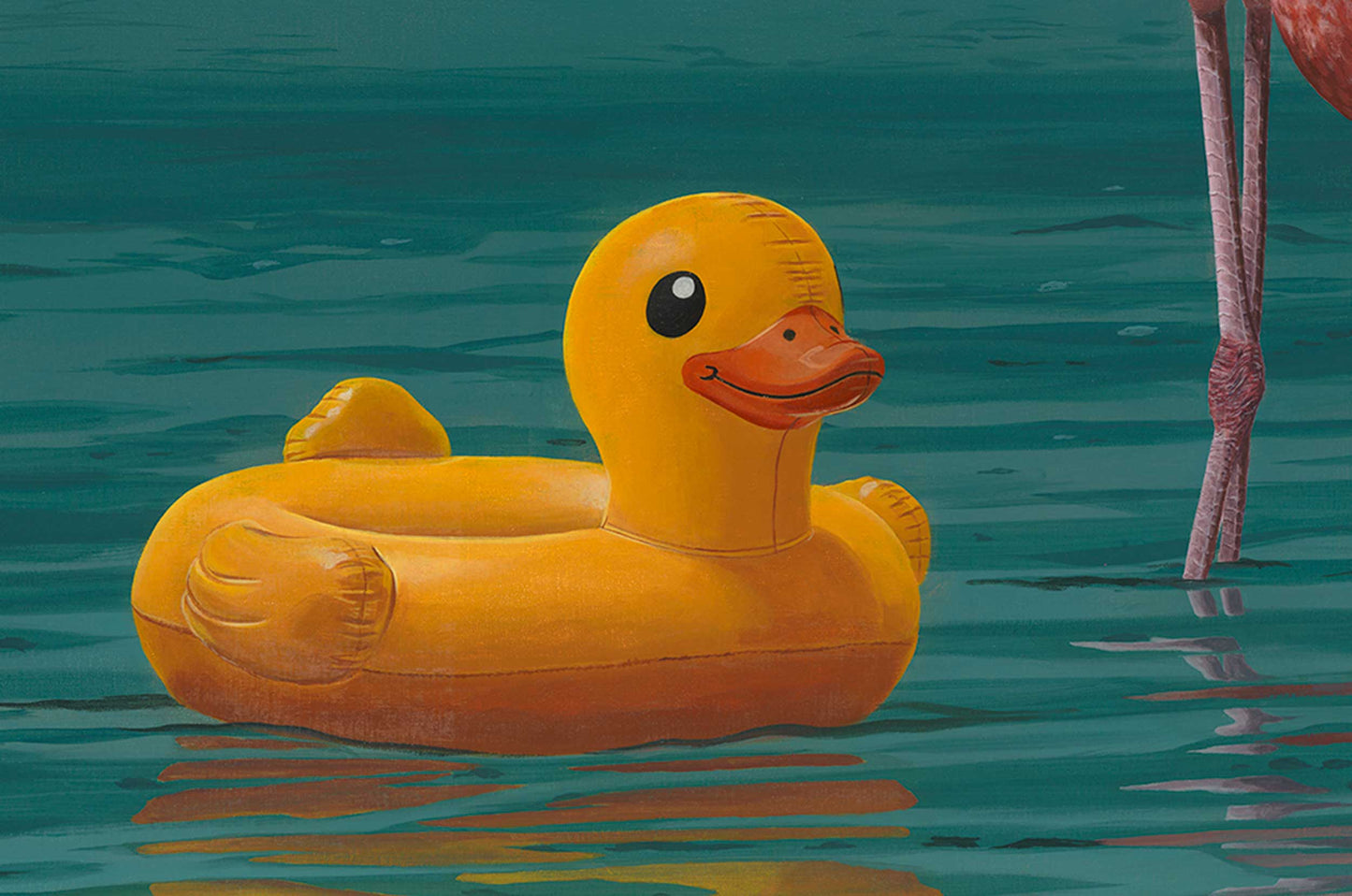 Detail of a yellow inflatable duck drifting across a lagoon in Duck and the Flamingos, an oil painting by Glenn Verkerk.