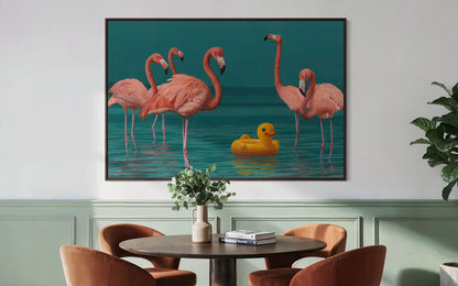 A group of American flamingos stands in a calm lagoon while an inflatable duck drifts among them. The contrast between wildlife and a man-made object creates a playful yet thought-provoking scene.