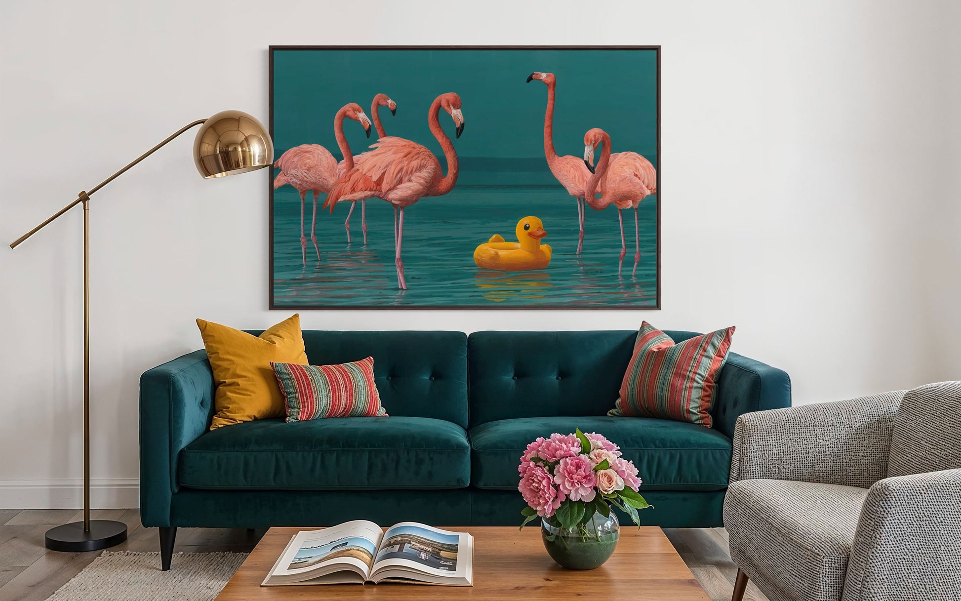 A group of American flamingos stands in a calm lagoon while an inflatable duck drifts among them. The contrast between wildlife and a man-made object creates a playful yet thought-provoking scene.