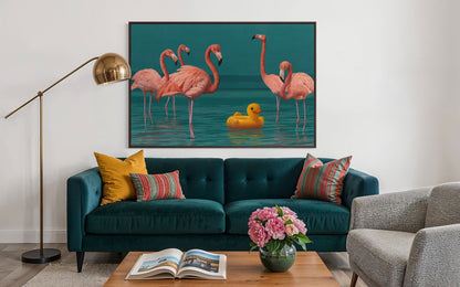 A group of American flamingos stands in a calm lagoon while an inflatable duck drifts among them. The contrast between wildlife and a man-made object creates a playful yet thought-provoking scene.