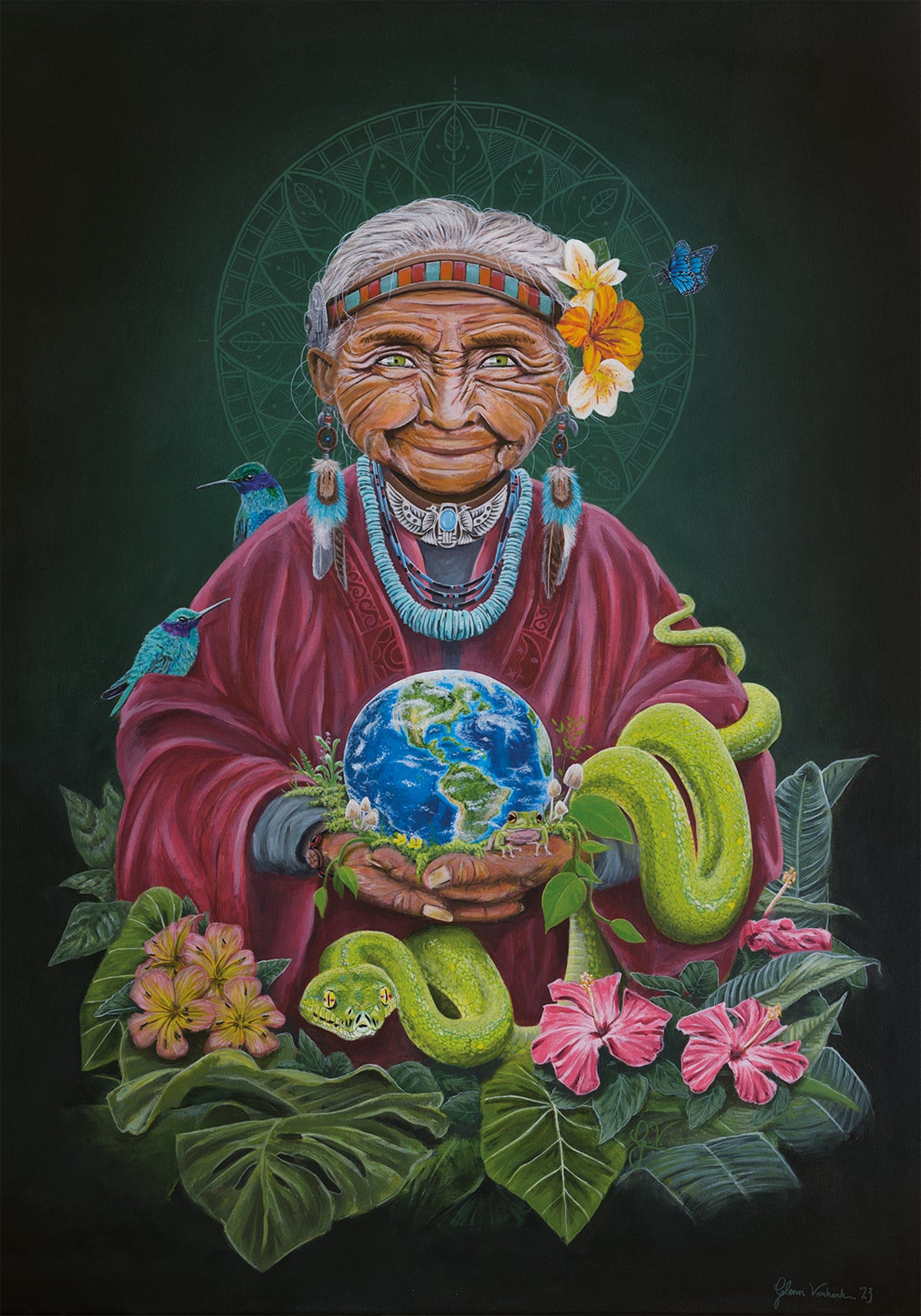 Original canvas titled 'Pachamama' by Glenn Verkerk. The artwork features an imaginative depiction of Mother Earth holding planet Earth, inspired by Inca tribe traditions and symbolism. The scene is surrounded by a mandala, animals, and lush green elements.