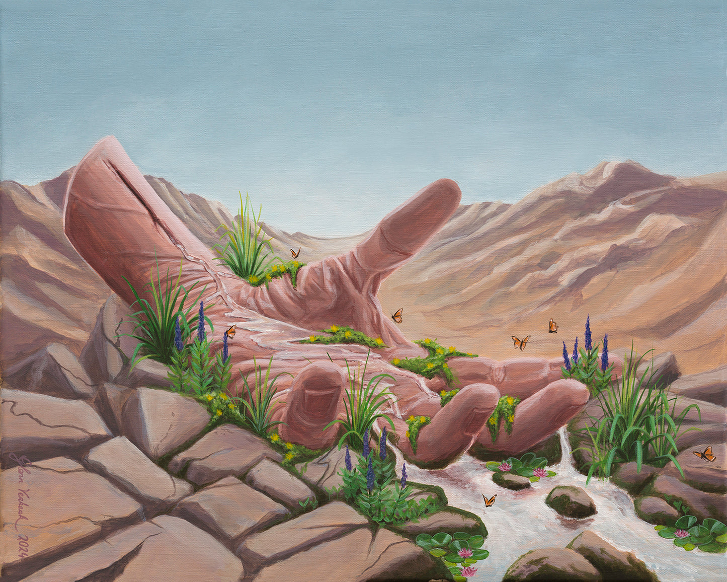 The original artwork titled 'Calm Surrender' by Glenn Verkerk, created with acrylics on linen canvas. The artwork depicts an open hand resting in a dry desert. A small stream of water flows from the wrist, creating a source of life with lush green surroundings, small waterfalls, and streams flowing down the hand. The fertile landscape includes butterflies and flowers.