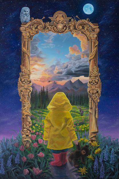 Original artwork titled 'The Inner Child' by Glenn Verkerk, created with acrylics on canvas. The painting features a young child in a rain jacket and red boots, watched by a snowy owl, standing in front of a wild path leading into a vast landscape with large mountains, pine forests, and a sunset. The path, surrounded by various flowers, leads through a doorway adorned with Gothic-style ornaments and angels. Surrounding the doorway is the universe, depicted with a full moon and thousands of stars.