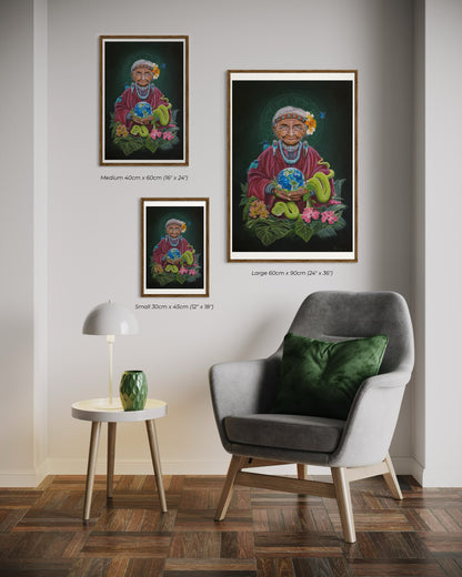 Different frames of the print product of the original canvas titled 'Pachamama' by Glenn Verkerk. The artwork features an imaginative depiction of Mother Earth holding planet Earth, inspired by Inca tribe traditions and symbolism.