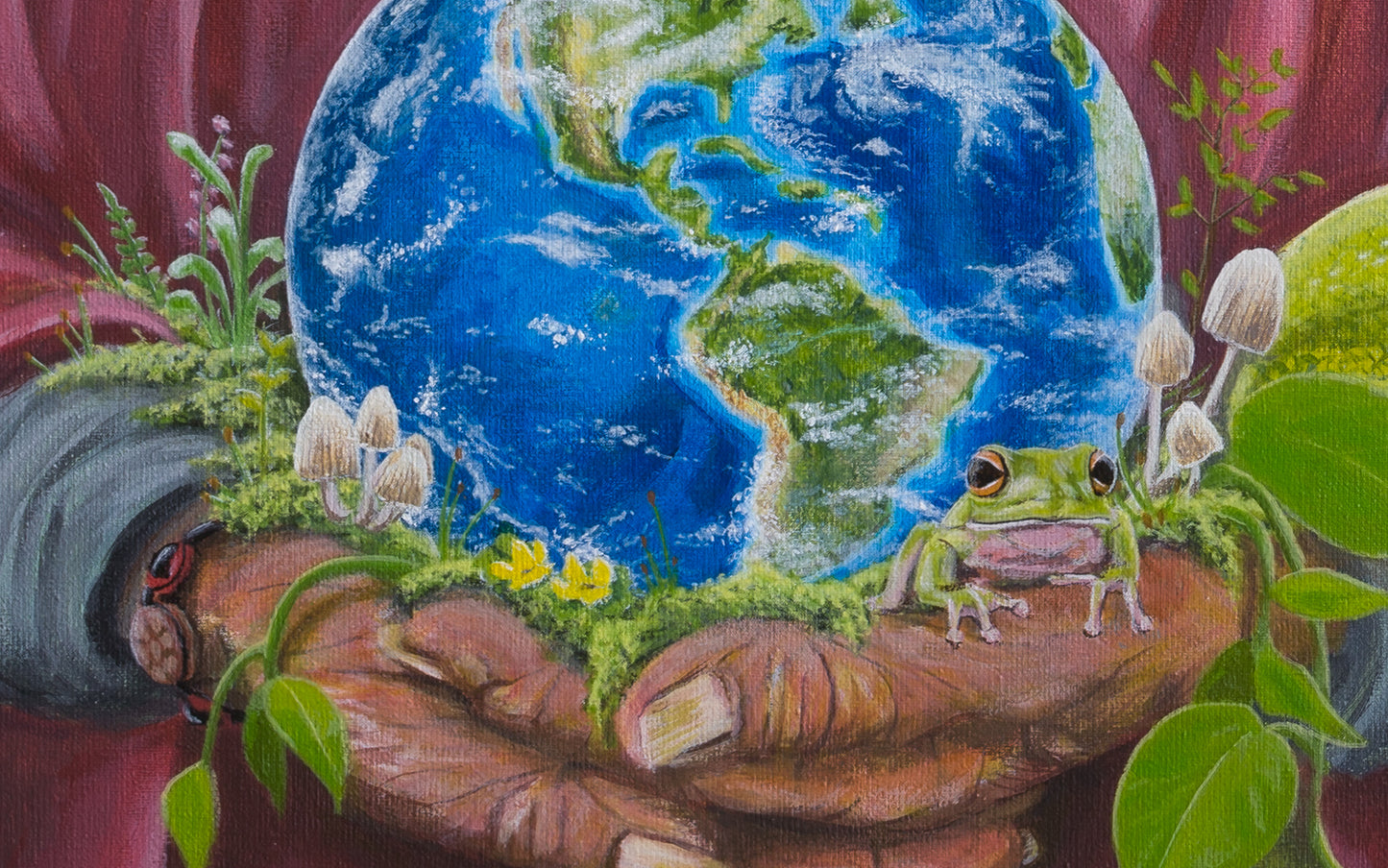 Close-up of the original canvas titled 'Pachamama' by Glenn Verkerk. The detailed view shows old hands holding a highly detailed planet Earth, surrounded by moss, young plants, and Psilocybe mexicana mushrooms. A green jungle frog is perched on the hand.