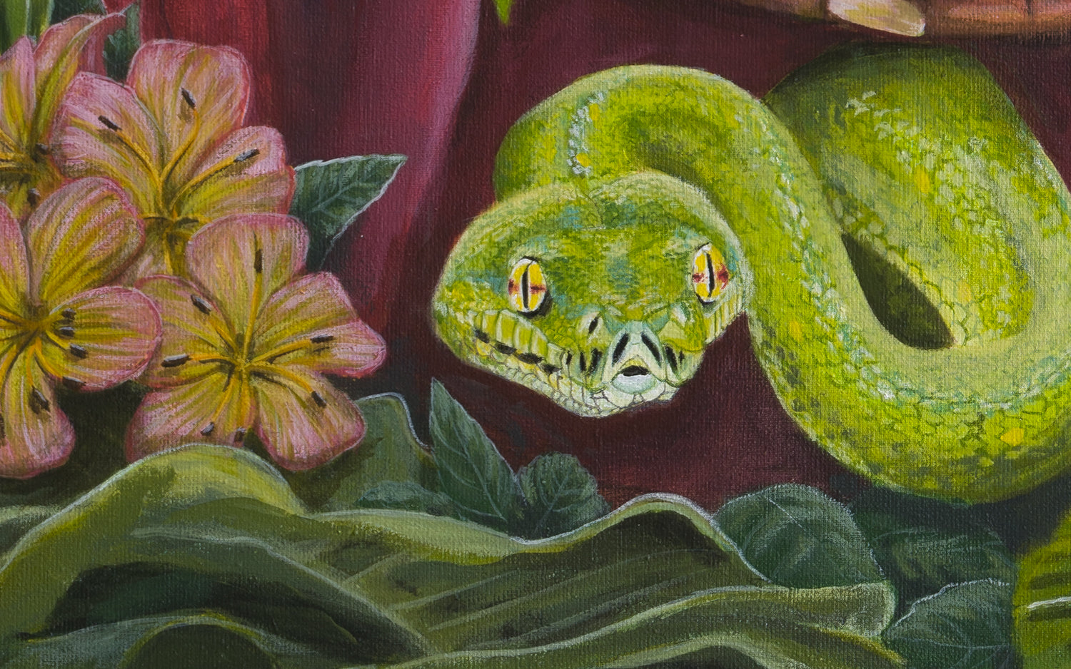 Close-up of the original canvas titled 'Pachamama' by Glenn Verkerk. The detailed view shows a green boa constrictor protecting the Earth and Pachamama, poised to strike. The scene also includes pink flowers and jungle leaves.