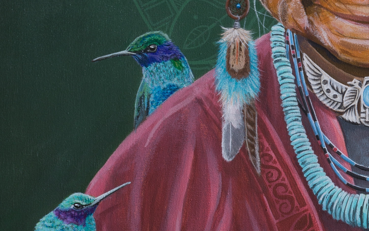 Close-up of the original canvas titled 'Pachamama' by Glenn Verkerk. The detailed view features ancient necklaces, including one inspired by the condor, hummingbirds, and dreamcatcher-inspired earrings.