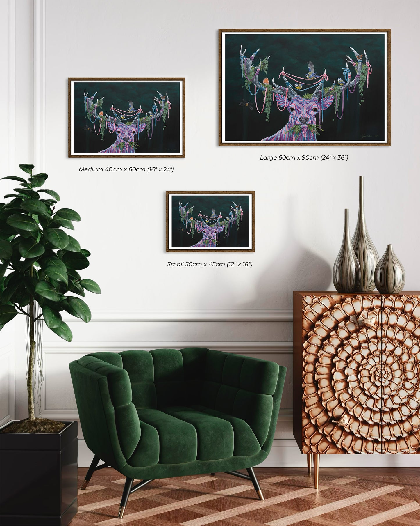 Cozy modern seating with a small wooden table and three prints of 'Silent Watcher' by Glenn Verkerk on the wall, featuring a multicolored deer with birds and greenery in its antlers.