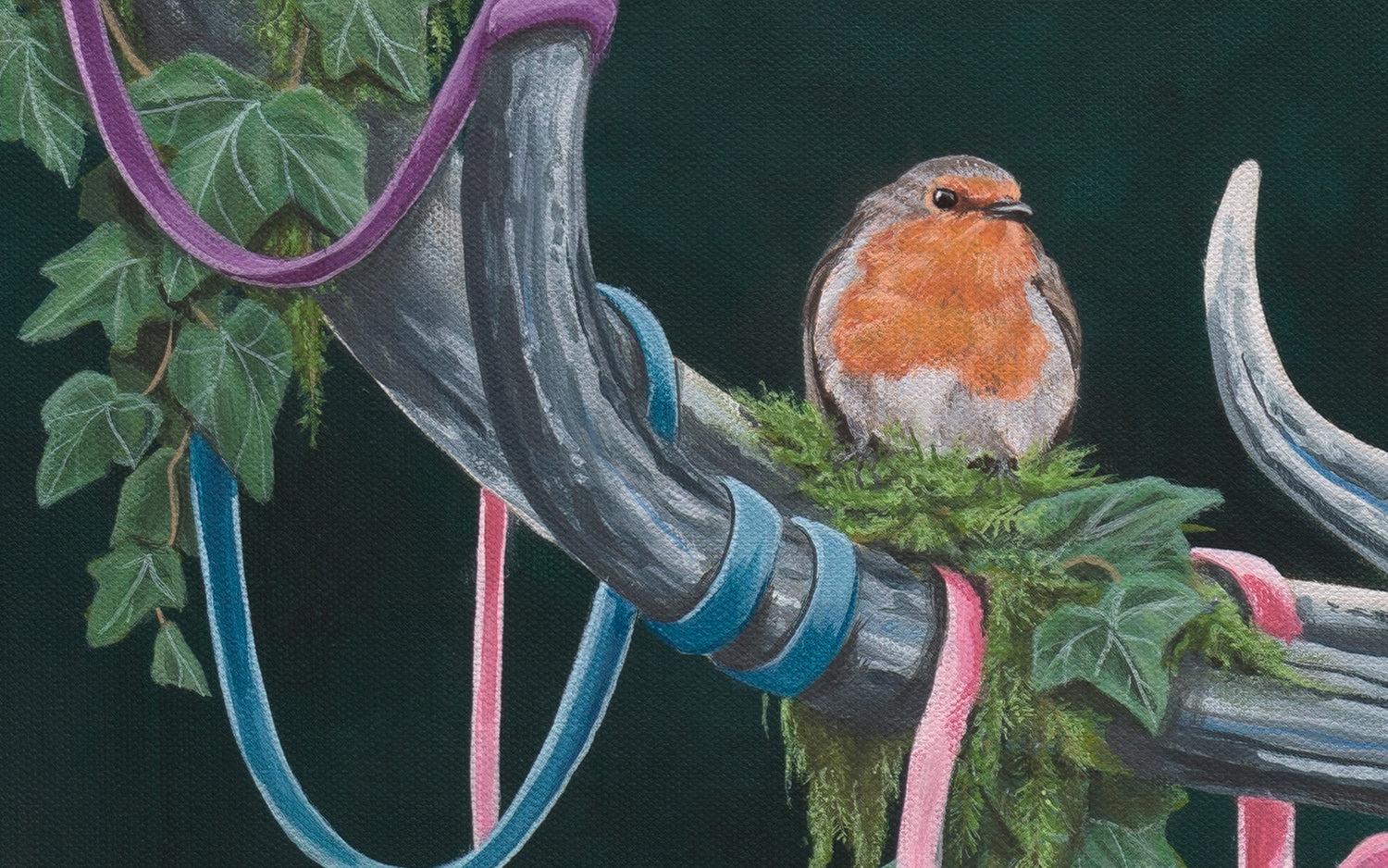 Close-up of the canvas 'The Deer', an original acrylic painting by Glenn Verkerk. The detailed view shows moss, lush greenery, and a robin bird sitting peacefully on a stag's antler.