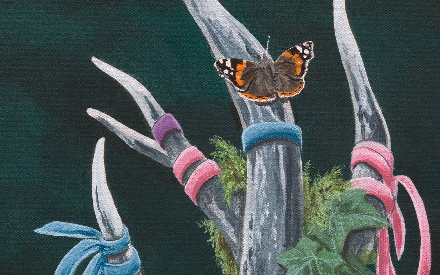 Close-up of the canvas 'The Deer' an original acrylic painting by Glenn Verkerk. The detailed view shows moss, lush greenery, and an Atalanta butterfly resting peacefully on a stag's antler.