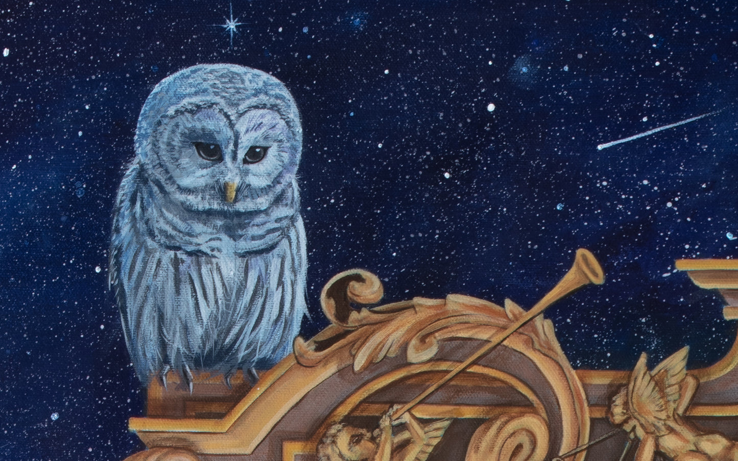 Close-up of the original artwork titled 'The Inner Child' by Glenn Verkerk, created with acrylics on canvas. The detailed view shows a snowy owl perched on a golden Gothic-style frame, with falling stars and the deep universe surrounding it.