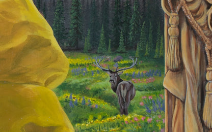 Close-up of the original artwork titled 'The Inner Child' by Glenn Verkerk, created with acrylics on canvas. The detailed view shows a large, mythical stag standing in a flower field on a wild path, seen over the child's shoulder, inviting the child to explore the landscape and pine tree line.