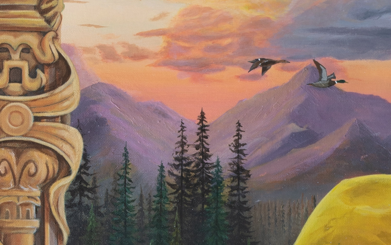 Close-up of the original artwork titled 'The Inner Child' by Glenn Verkerk, created with acrylics on canvas. The detailed view shows an orange sunset over mountains at the horizon, a pair of ducks flying over the pine tree forest, and a close-up of the Gothic frame surrounding the landscape.